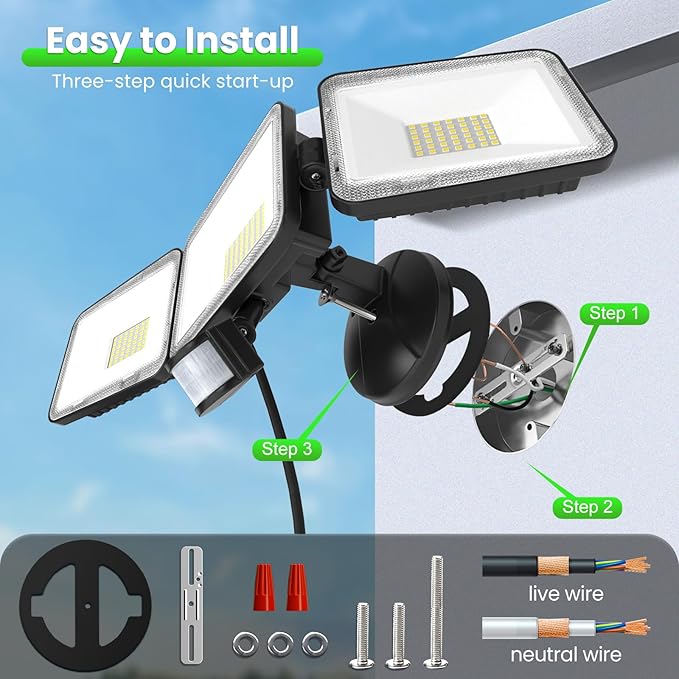 CLY 70W LED Security Lights Motion Sensor Light Outdoor, 6580LM 3 Head Motion - Image 8
