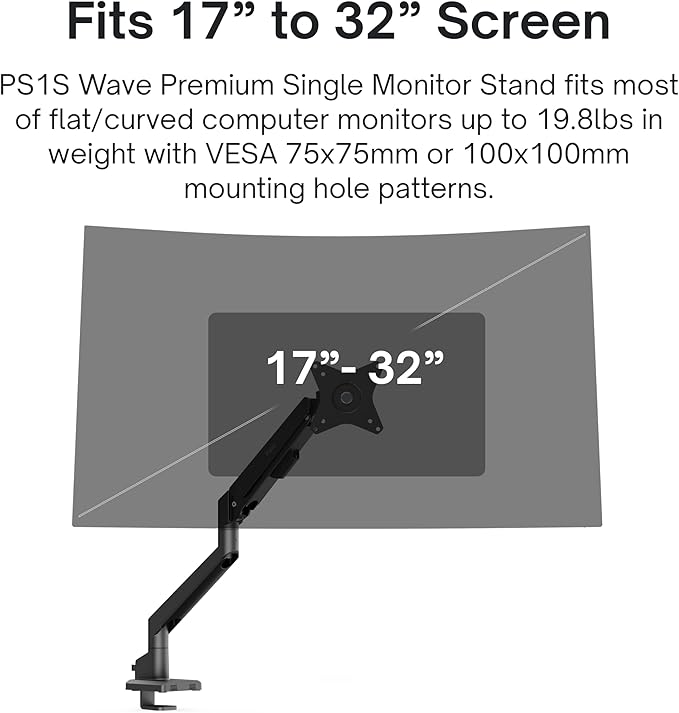 Pixio PS1S Wave Black Single Monitor Arm Stand Desk Mount - Image 2