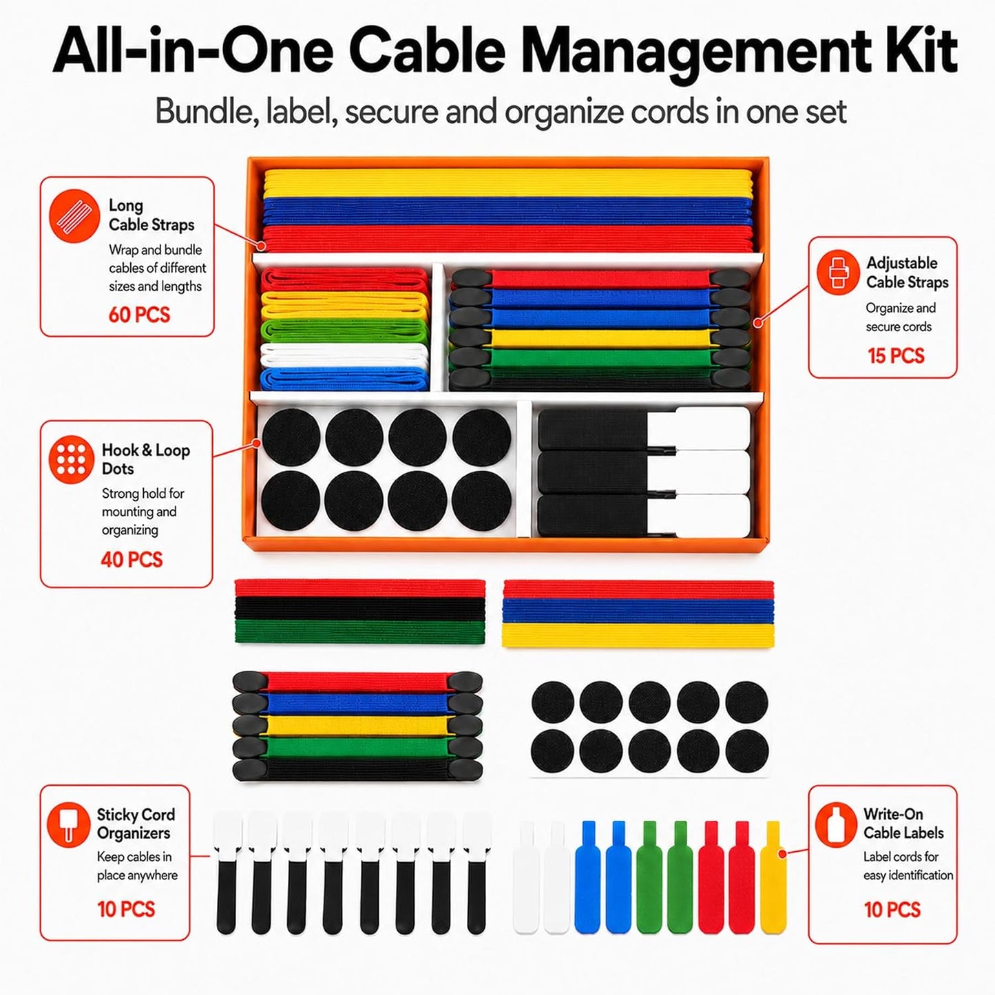 Cable Management Kit, 135 Pcs Reusable Cable Ties and Cord Labels | with Adhesive Cable Clips, Hook and Loop Straps for Under Desk Wire Organizer Home Office - Multicolor