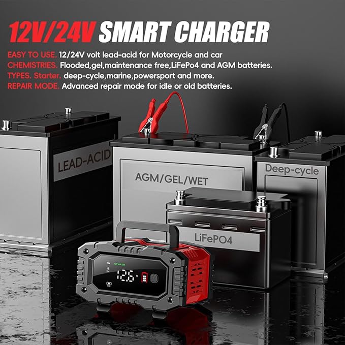 Car Battery Charger 20Amp, 12V 24V LiFePO4 Lead Acid Automatic Smart Battery - Image 3