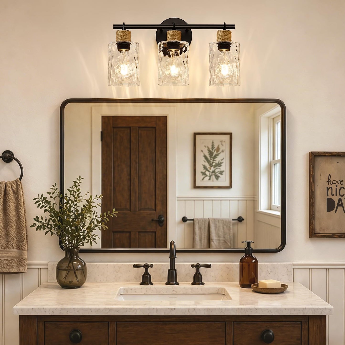 MOKATNG Bathroom Light Fixtures, 3-Light Coastal Vanity Lights with Crystal Glass Shade, Black Bathroom Wall Lamp for Mirror Kitchen Hallway Cabinet
