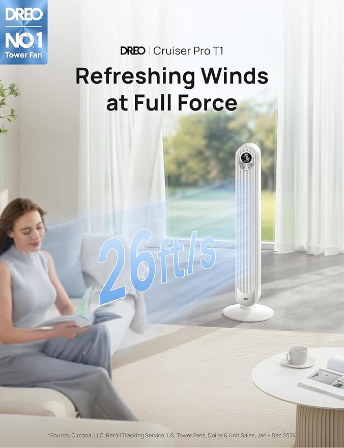 Dreo Tower Fan 42 Inch, Cruiser Pro T1 Quiet Oscillating Bladeless Fan - Image 2