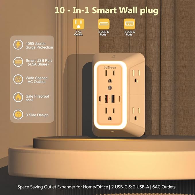 Wall Outlet Extender with Night Light, Power Plug Adapter Multi Plug Outlet - Image 2