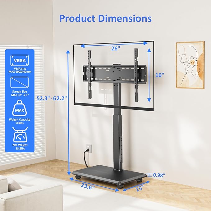 Afaloona Rolling TV Stand with Power Outlet, Mobile TV Stand - Image 8