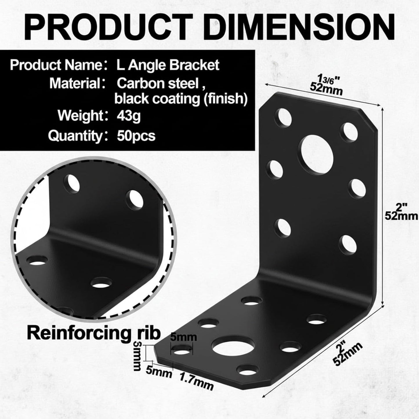 50pcs 2x2x1-3/8 Steel L Bracket 1.7mm Thick Metal Angle 90 Degree Reinforcing Rib Corner Brace Heavy Duty Metal Corner Brace Shelf Brackets for Wood Shelf Furniture Cabinet (Black)