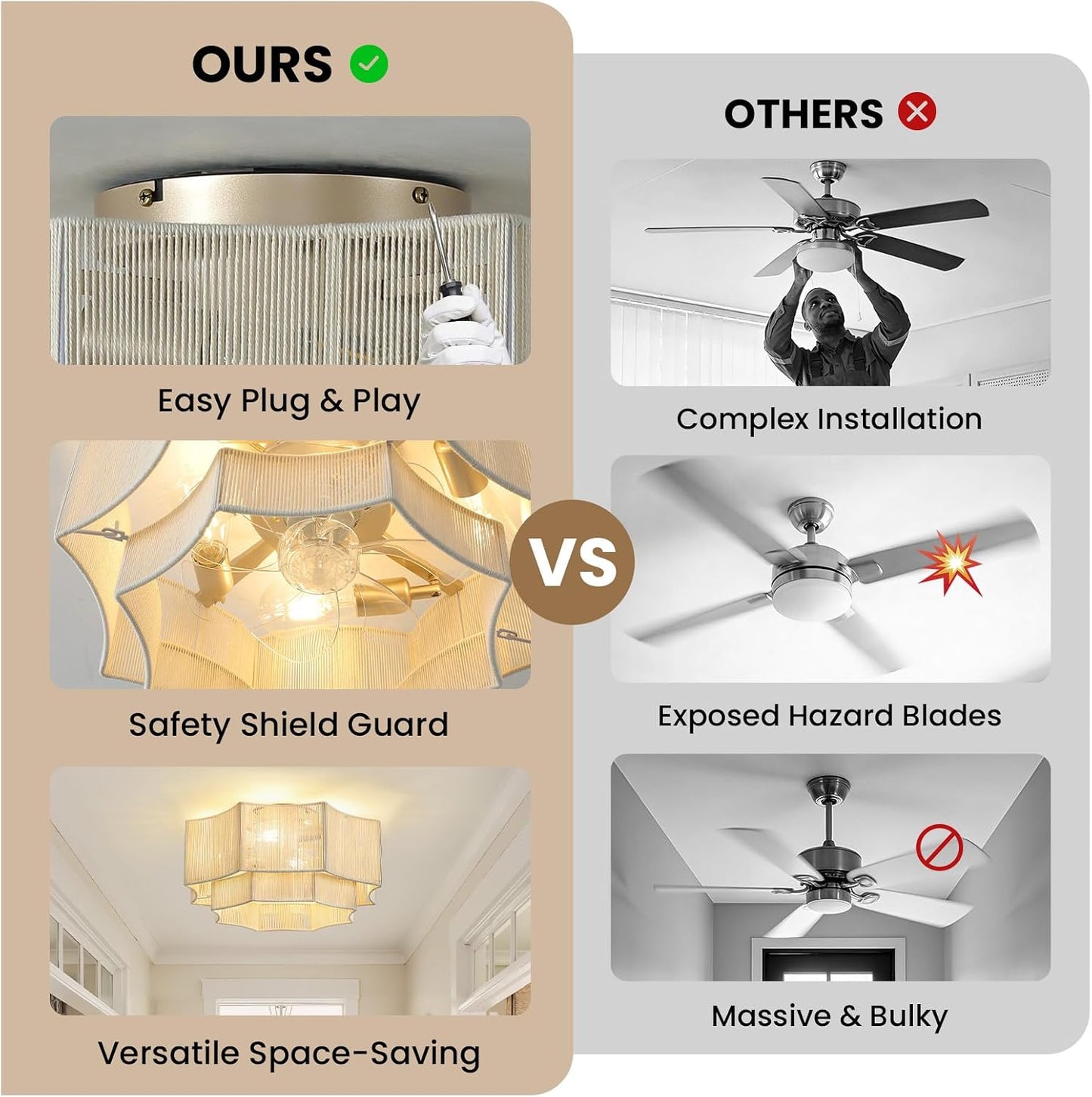 RUIYEY Boho Ceiling Fans with Lights: 20 inch Beige 2-Tier Modern Flush Mount Ceiling Fan with Remote, 7 Blades Reversible 6 Speeds E26 4 Light Low Profile Caged Fandelier for Bedroom Kitchen Island
