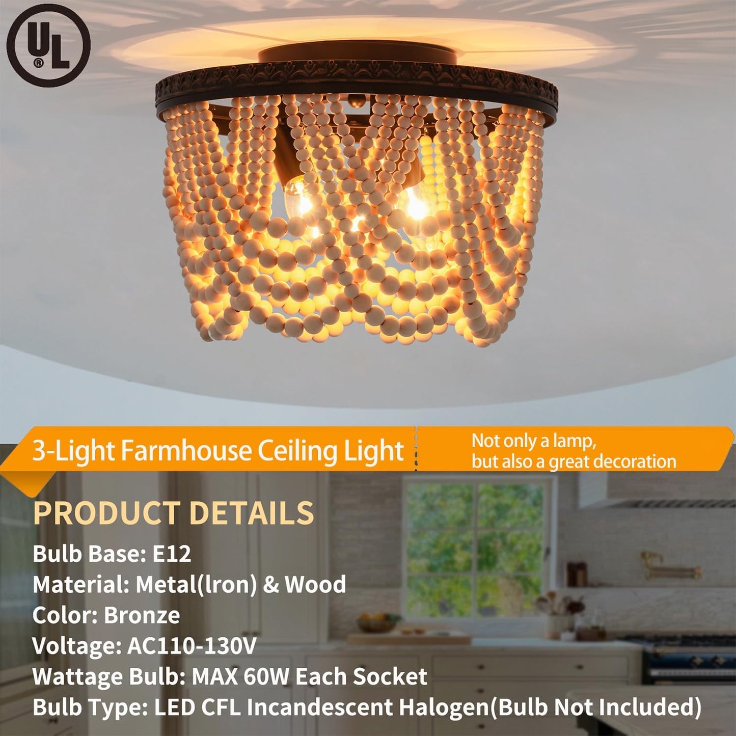 Boho Wood Beaded Chandelier, Bohemia 3 Lights Flush Mount Ceiling Light Fixtures with Engraving Pattern, Farmhouse Chandeliers for Living Room Passway Foyer Entryway Hallway Nursery, Oil Rubbed Bronze
