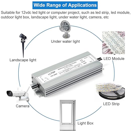 LLTOP LED Driver 60 Watts Waterproof IP67 Power Supply AC100-264V to 12V DC 5A - Image 6