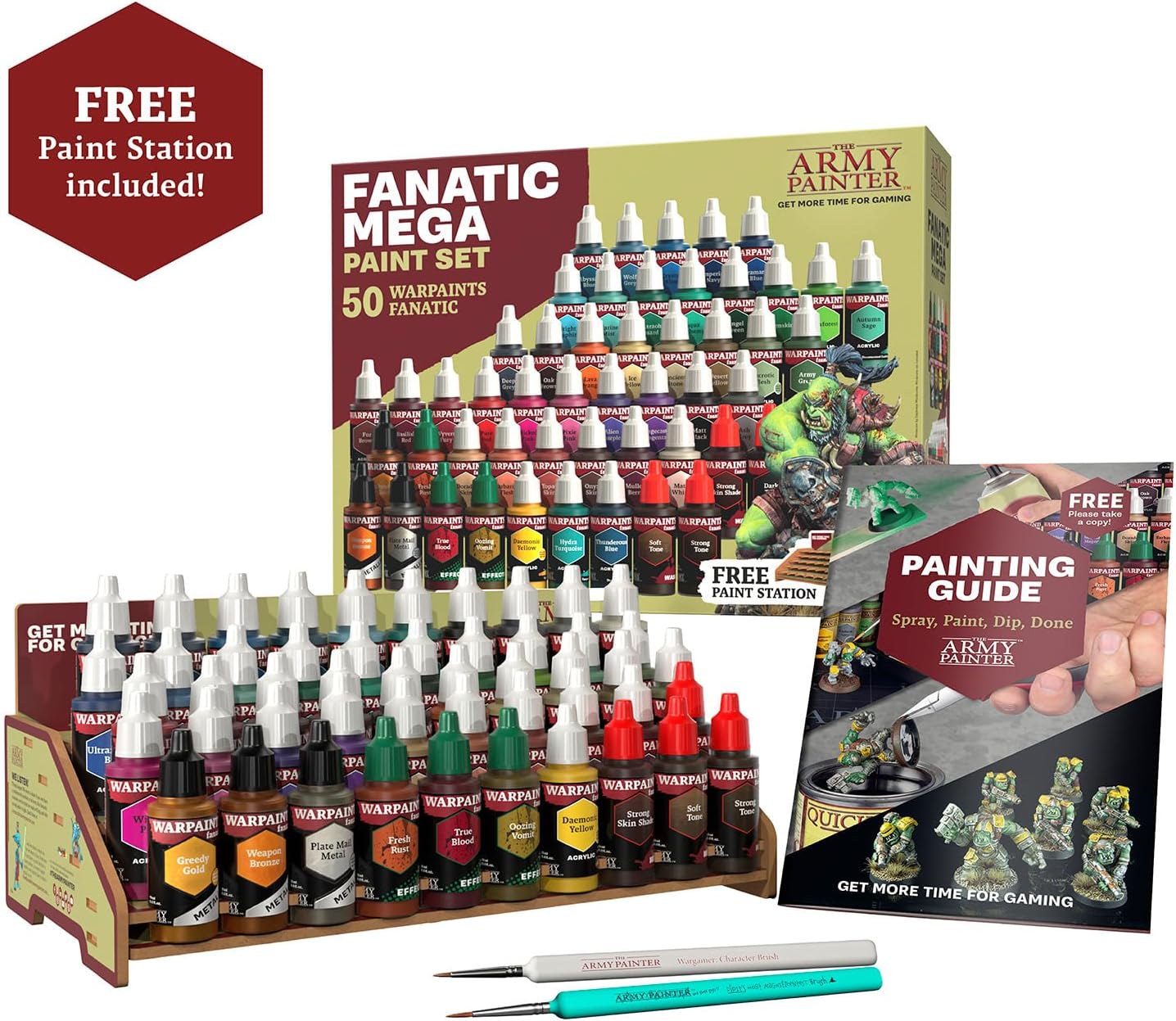 The Army Painter, Warpaints Fanatic Mega Set Combo, 50 x 18 ml | Painting Set incl. Skin Tones, Metallics, Effects, Washes, 1 Free Paint Station & 2 Brushes - Model Paint for Warhammer & Dnd