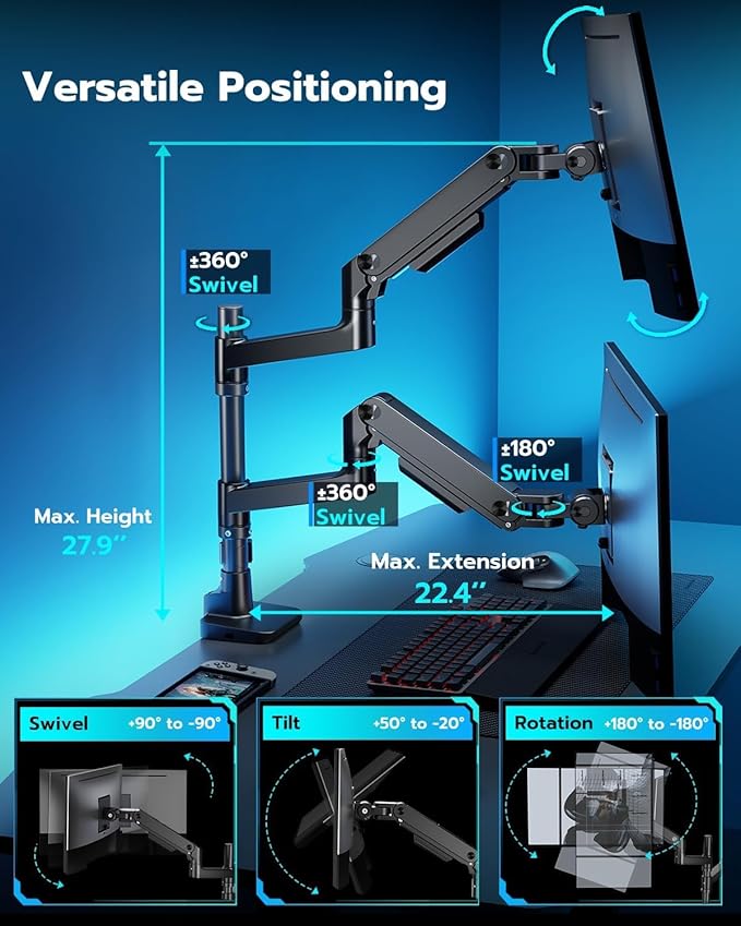 ARES WING Dual Monitor Stand for Ultrawide Heavy Duty Curved Monitor Stacking - Image 6