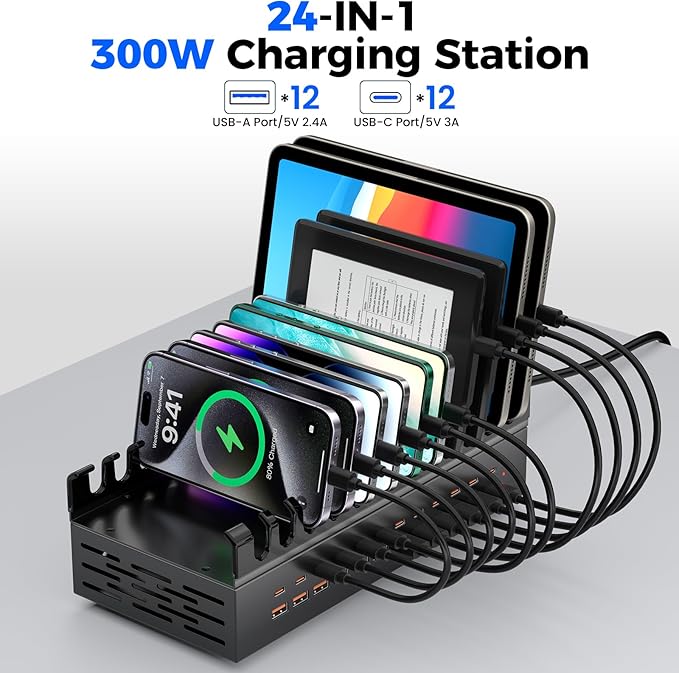 300W USB Charging Station for Multiple Devices, 24 Port USB C Fast Charging - Image 2