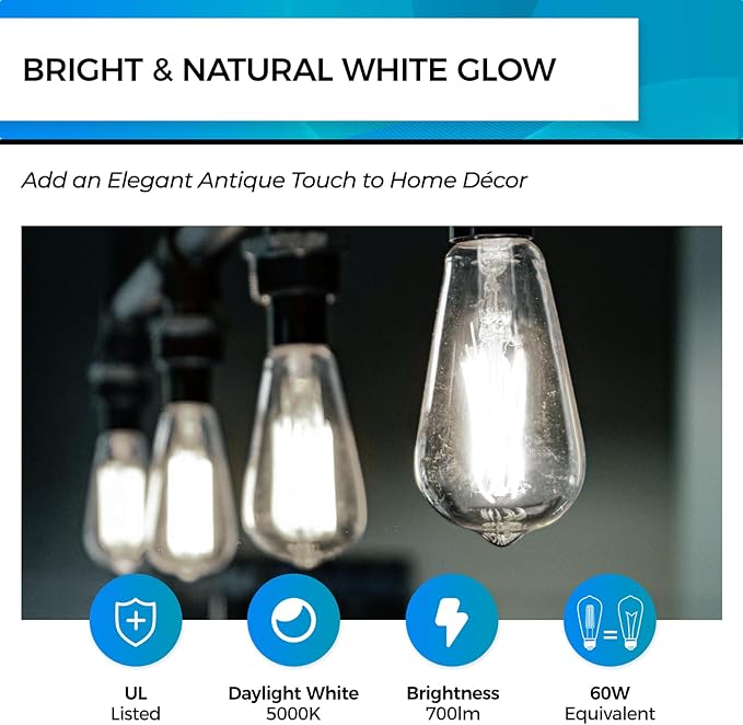 Hizashi LED Edison Bulbs, Equivalent 60W, Dimmable E26 LED Bulb, Daylight 5000K - Image 4