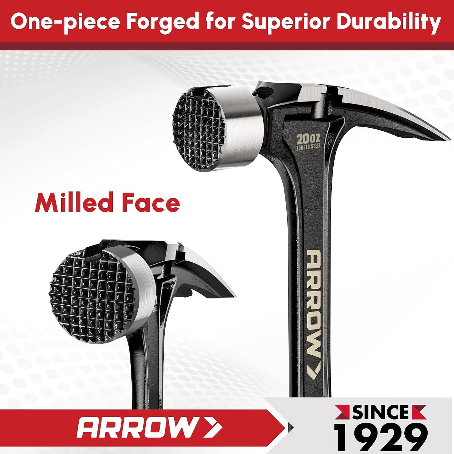 ARROW 20 oz Straight Claw Hammer with Magnetic Nail Holder, Side Nail Puller, Rip Claw Hammer with Milled Face & Shock Absorbing Grip, Heavy Duty One-piece Forged Hammer (Pack of 2)