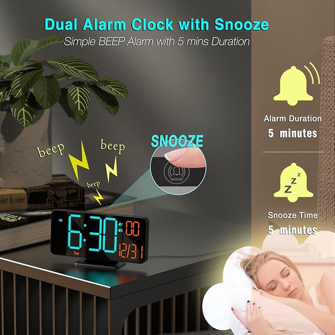 KOSUMOSU Alarm Clocks for Bedrooms, 6.7" Black Small Digital Clock LED - Image 6