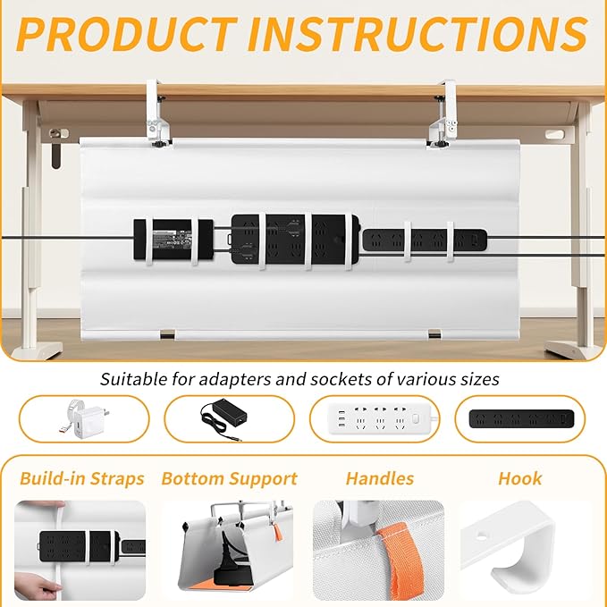 SUREUP9 No Drill Under Desk Cable Management Tray, Fabric Cable Management - Image 5