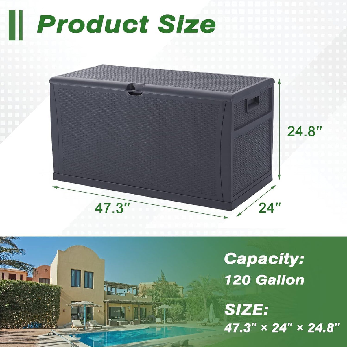 120 gallon resin wicker patio storage box, outdoor showing dimensions