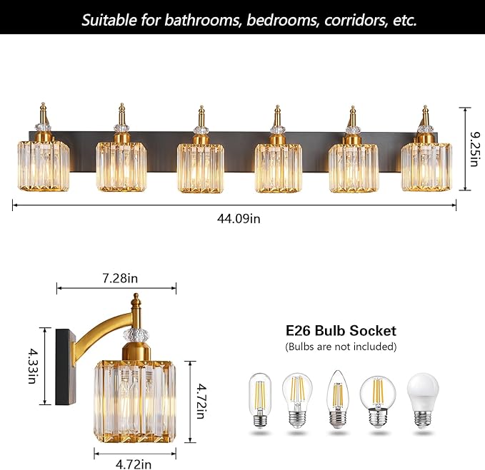BBLLWJ Modern Black Gold 6 Light Bathroom Vanity Light Crystal Bathroom Light - Image 5
