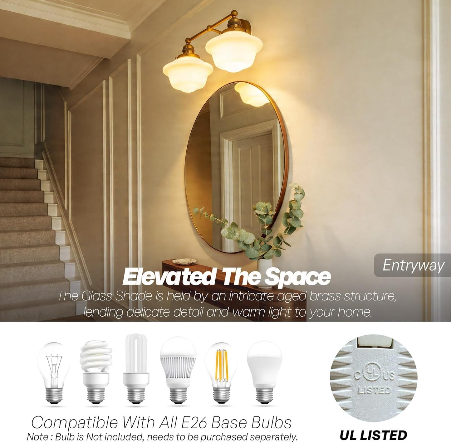 Vintage 2-Lights Wall Sconce Lights Brass Gold Bathroom Vanity Light with Milk Glass Double Sconce Wall Mounted Lamp for Bedroom Living Room Bathroom Mirror Kitchen Hallway Hardwire