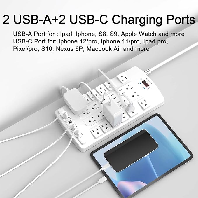 QINLIANF Surge Protector Power Strip - 6Ft Flat Plug Heavy Duty Extension Cord - Image 3
