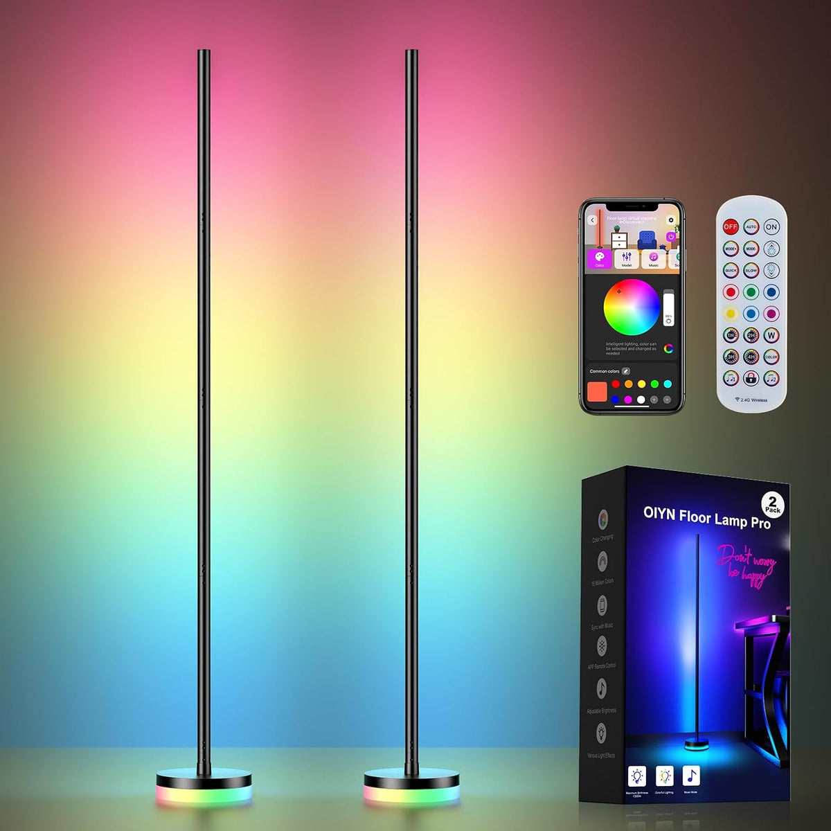 OIYN Corner Floor Lamp 2 Pack, RGBICW LED Corner Lamp