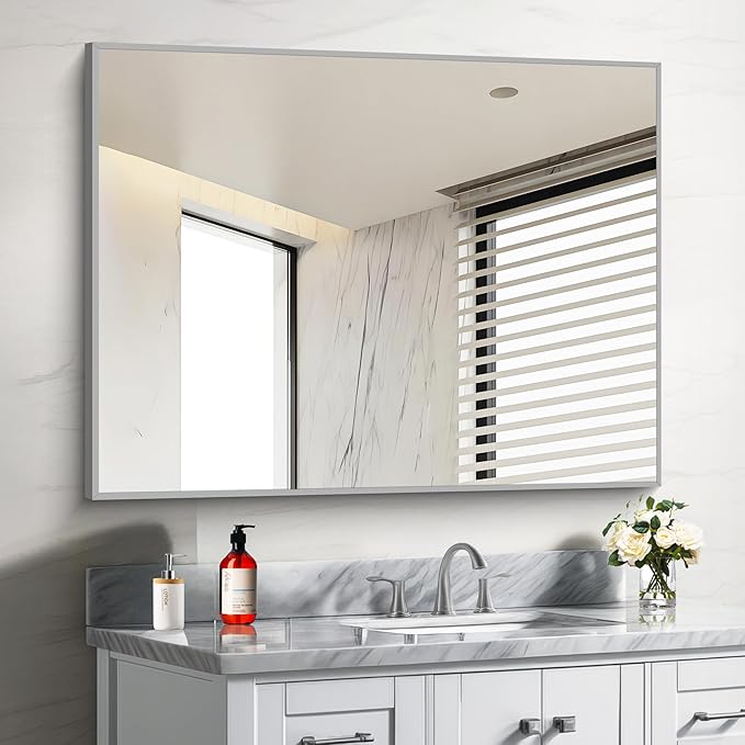 30x40In Silver Bathroom Mirror for Wall, Brushed Nickel Rectangle Mirrors by Welcometocofeny