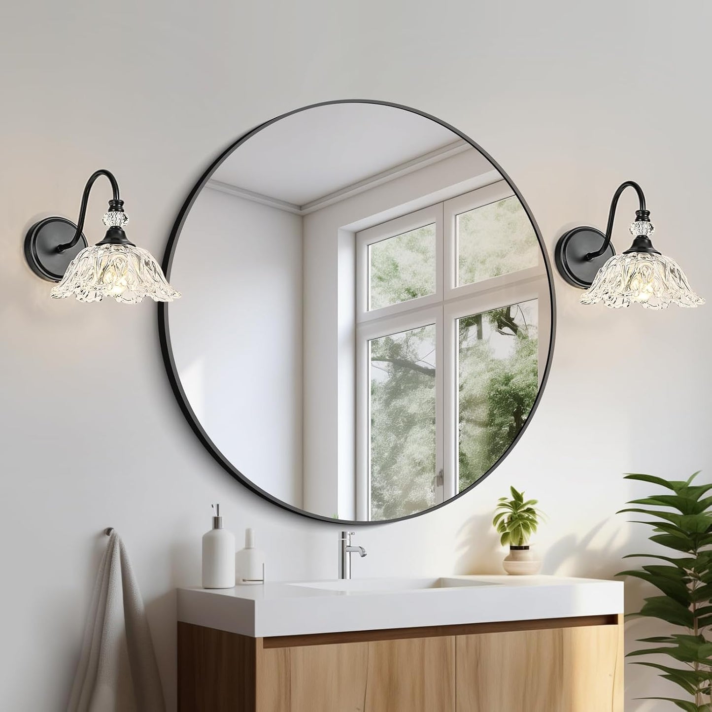 1 Piece Black Wall Sconce with Floral Clear Glass Shade, Black Farmhouse Wall Mount Lighting for Bathroom,Vintage Bathroom Vanity Light Fixture