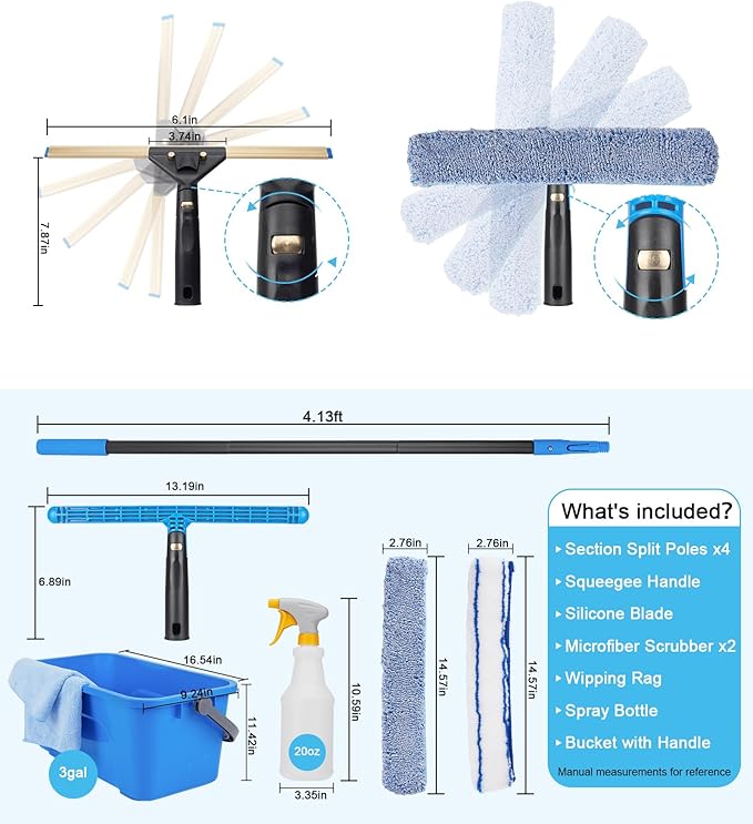Window Cleaning Kit with Storage Bucket, Window Squeegee with 4.13ft Extension - Image 2
