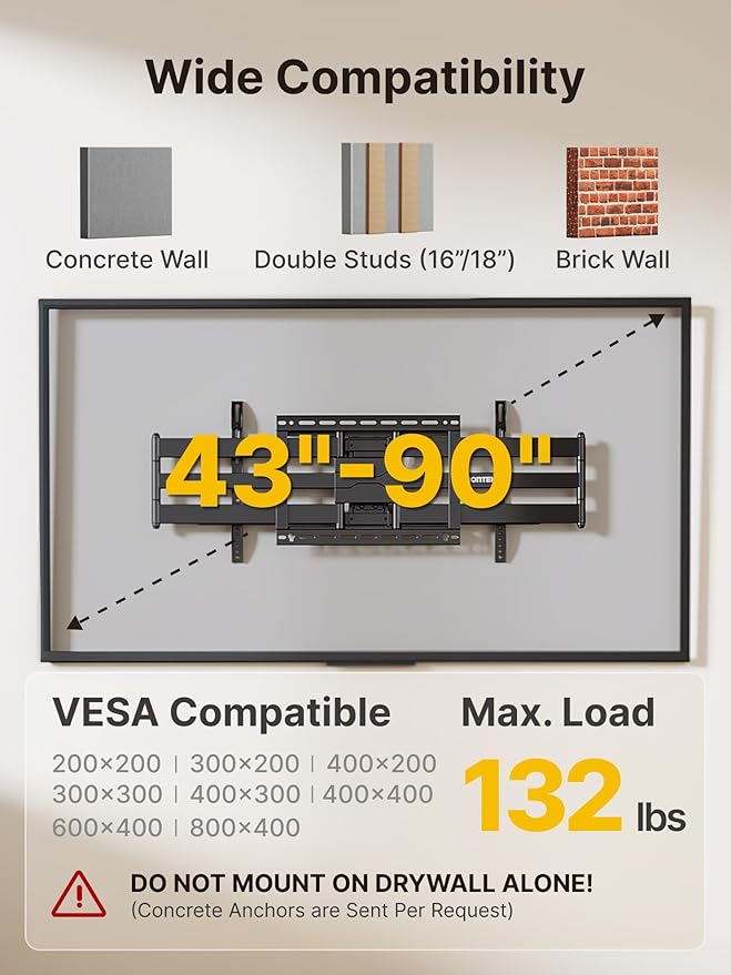 monTEK Long Arm TV Wall Mount for Most 43-90 Inch TVs, 42.5 Inch Long Extension - Image 2
