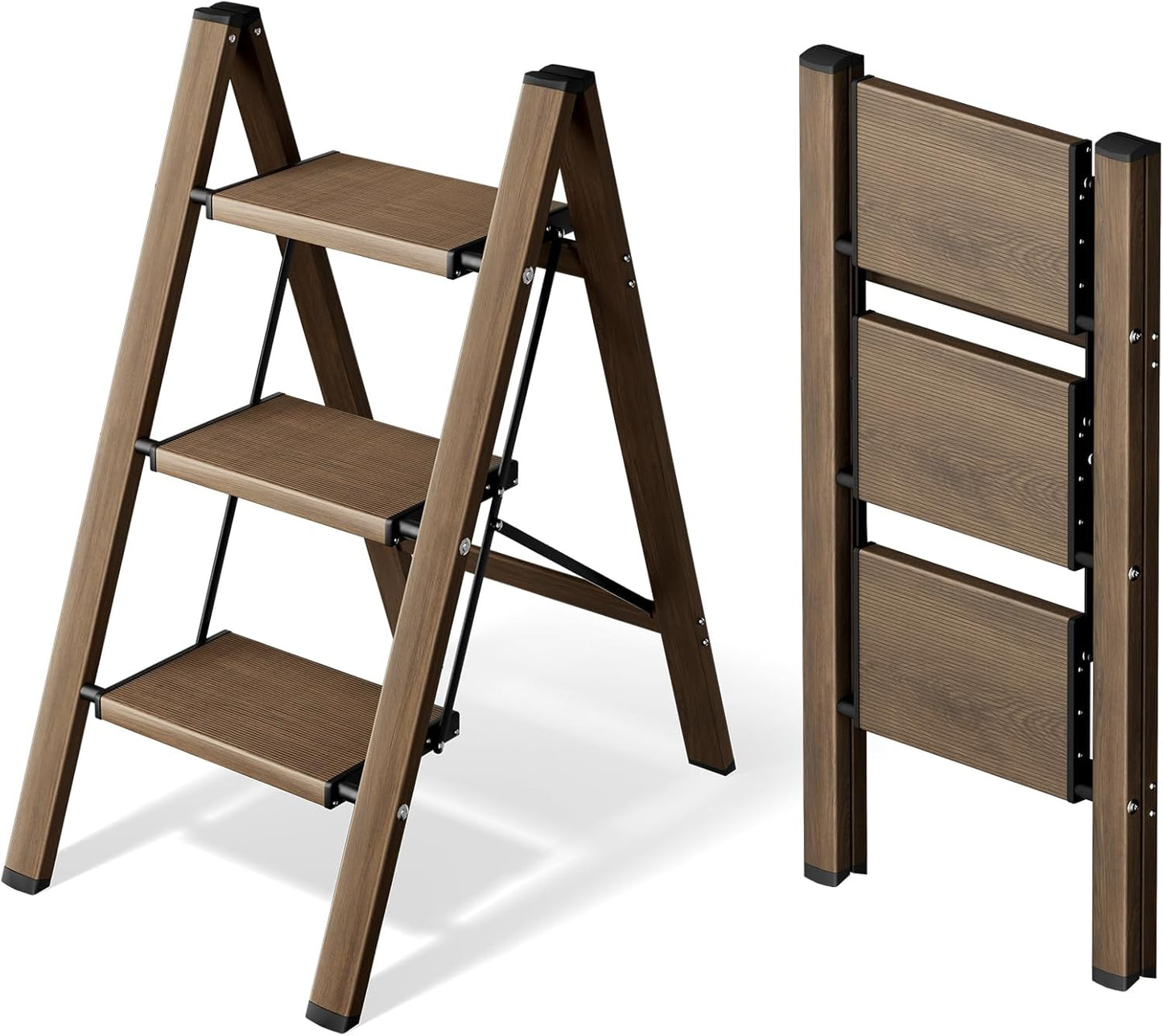 HillhutApex 3 Step Stool Foldable Ladder,Aluminum Step Ladder | Folding Lightweight Stable Stool with Wide Non-Slip Pedals, 330lbs Bearing Capacity Ladder for Office,Home,Kitchen-Walnut