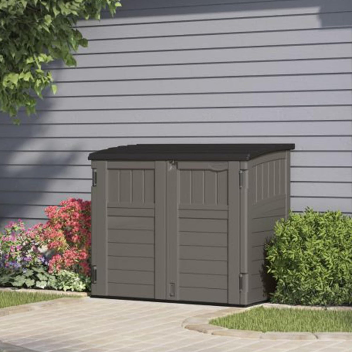 suncast 34 cu ft horizontal storage shed, resin showing dimensions