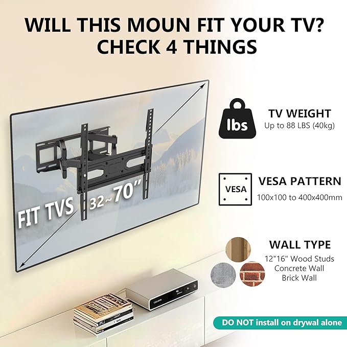 WALI Full Motion TV Wall Mount for 32–70 Inch TVs – Dual Articulating Mount - Image 2