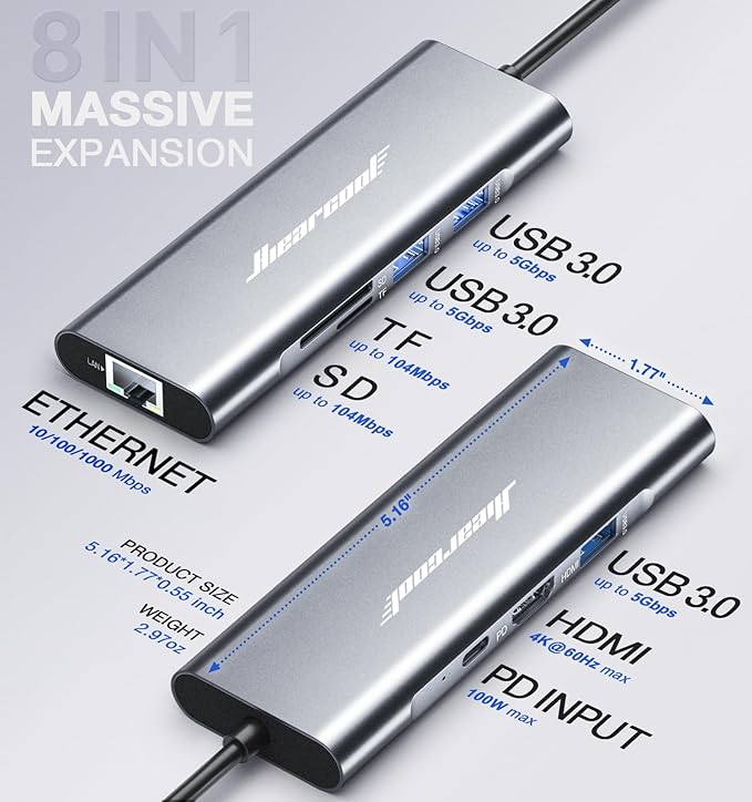 Hiearcool USB C Hub Ethernet 8-in-1, 4K@60Hz USB-C to HDMI Multiport Adapter - Image 5