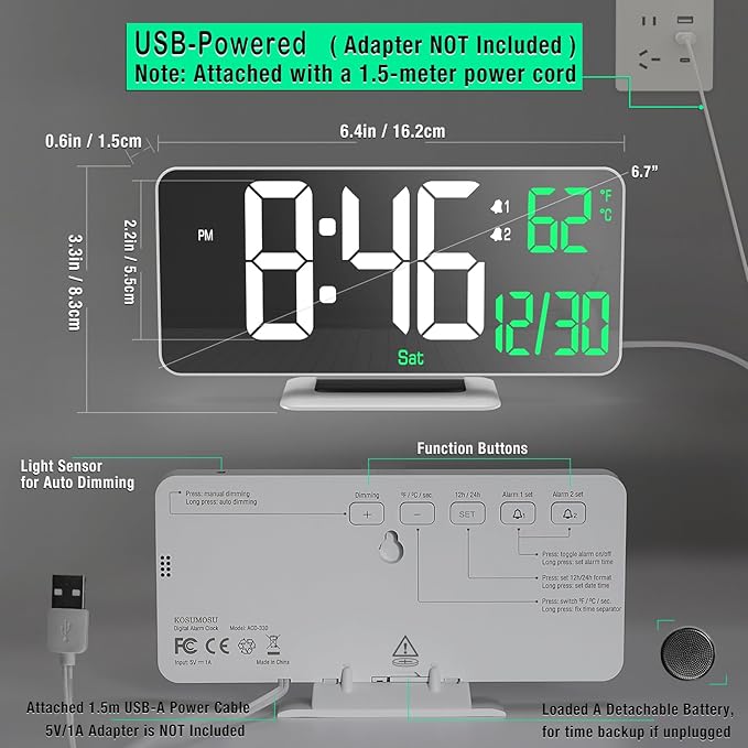 KOSUMOSU Alarm Clock for Bedroom, 6.7" Led Desk Digital Clock, Mirror Clock - Image 6