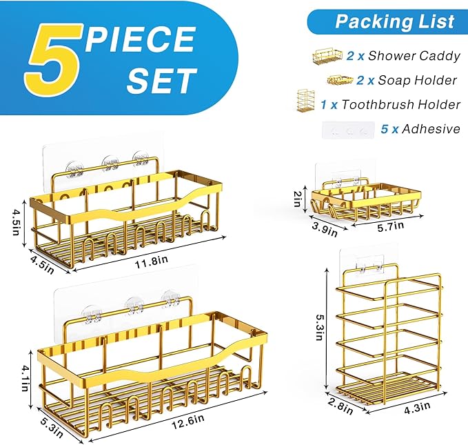 EUDELE 5-Pack Rustproof Stainless Steel Shower Caddy – No Drill Adhesive - Image 7