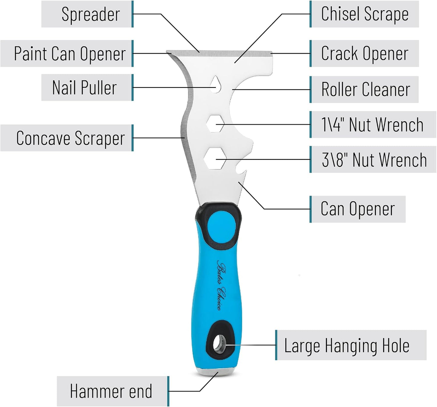 Bates- Paint Scraper, 13 in 1, Painters Tool, Rubber Handle, Paint Scrapers for Wood with Metal Hammer End, Painters Tool, Painters Knife, Paint Scraper for Painting, Putty Knife, Metal Scraper