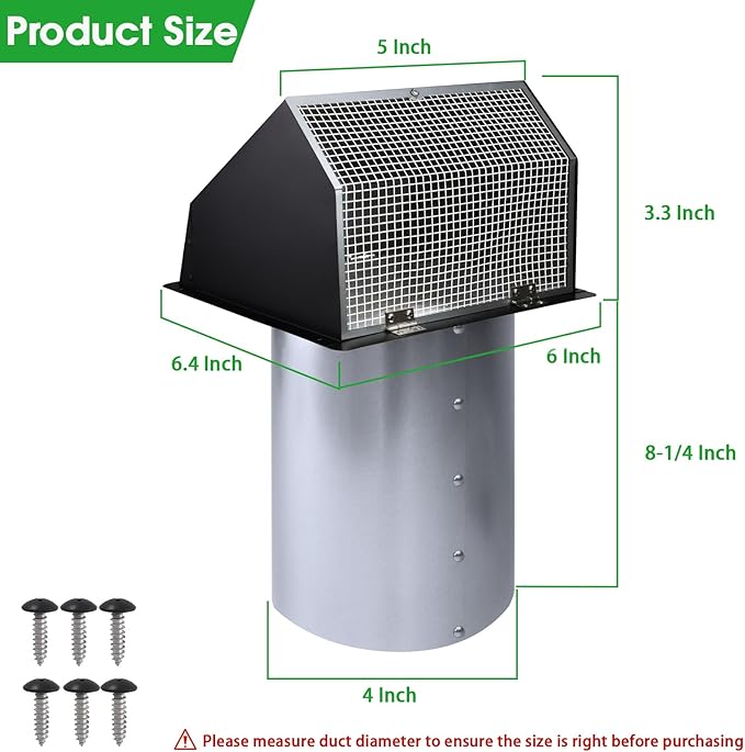 4 Inch Hooded Wall Vent with Screen and Damper, Outdoor Dryer Vent Cover - Image 2