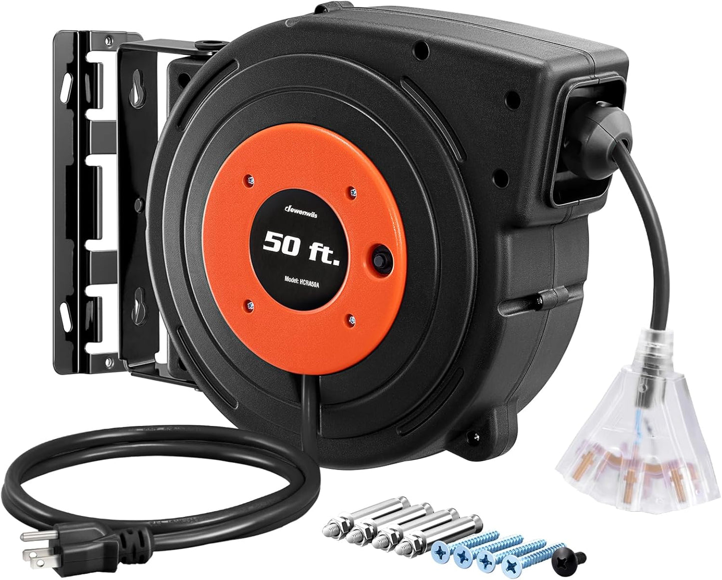 DEWENWILS 50FT Retractable Extension Cord Reel, 14AWG/3C SJTOW Cord Reel | 3-Lighted Triple Outlets, 14AWG/3C SJTOW, 13 Amp Circuit Breaker, Heavy Duty Power Cord for Garage, Workshop