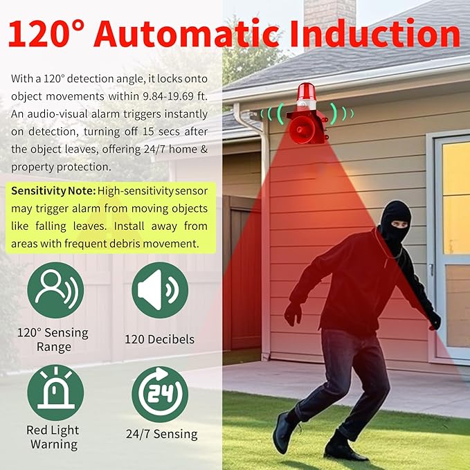 Motion Sensor Alarm with Human Detection, 120dB Adjustable Siren & LED Strobe - Image 2