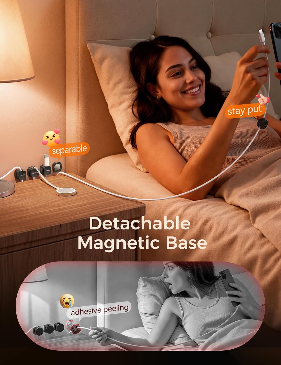JOYROOM 6-Pack Detachable Magnetic Cord Organizer, Adhesive Cable Clips | Auto-Fit Spring Snap Lock for φ1.5~8mm Cables, Magnetic & Adhesive 2-in-1 Cable Management for Home Nightstand Office Desk