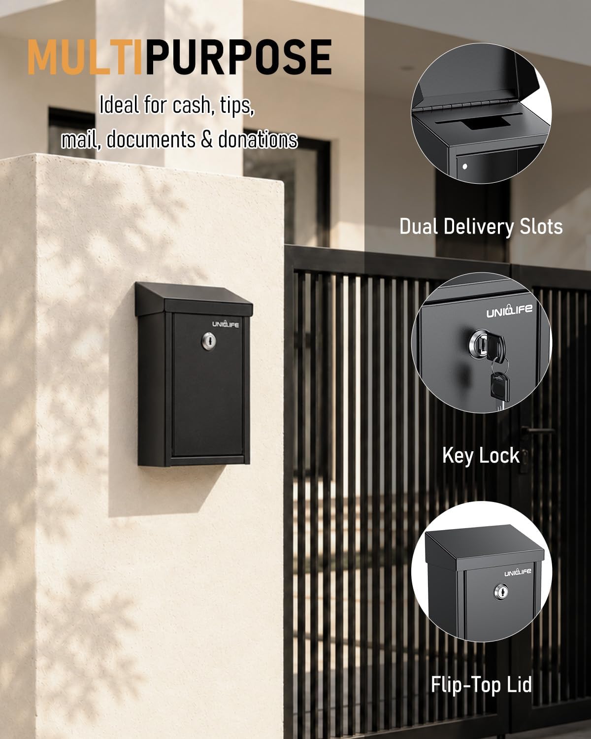 Uniclife Black Metal Donation Box, Wall Mounted Mailbox for Outside | Safe Suggestion Box with Key Lock, Steel Key Drop Box with Top Slot, Cash Box for Home Office and Business