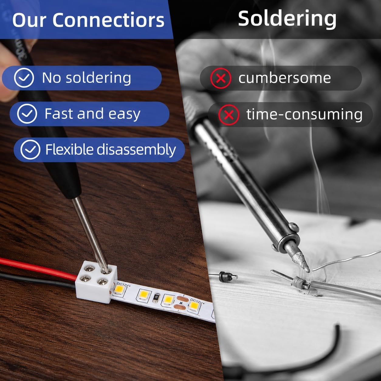 25 Pack 2 Pin 8mm LED Strip Connectors, Solderless Screw Terminal LED Light Strip Connectors with Adhesive Pads, Wire to Strip Connector for 5V 12V 24V