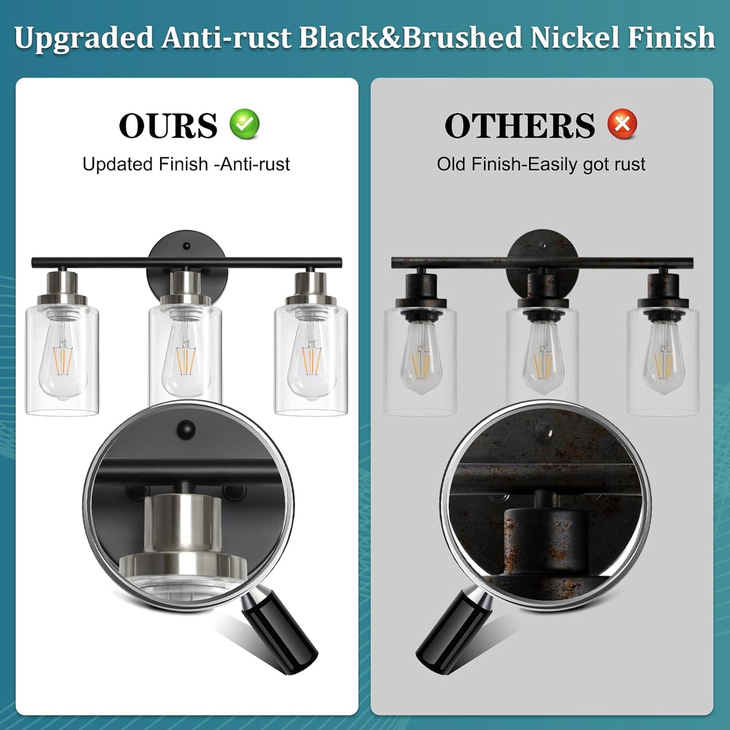 Modern Bathroom Light Fixtures, 3 Light Vanity Lights, Black and Brushed Nickel Wall Lamp with Clear Glass for Bathroom, Mirror, Living Room, Bedroom, Hallway, E26 Base