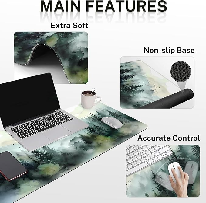 Britimes Green Ink Style Mountain Forest Keyboard Mouse Pad Set 4in1 Large - Image 3