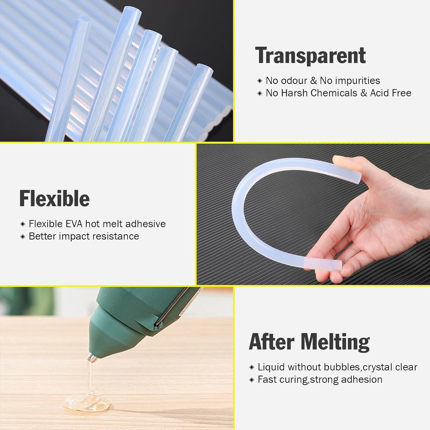 YesBes 100 Pack Full Size Clear Hot Glue Sticks, 10" Long x 0.43" Diameter, EVA Polymer, Ideal for Wood, Metal, Glass, Plastic, Fabric, Leather, Foam, and More