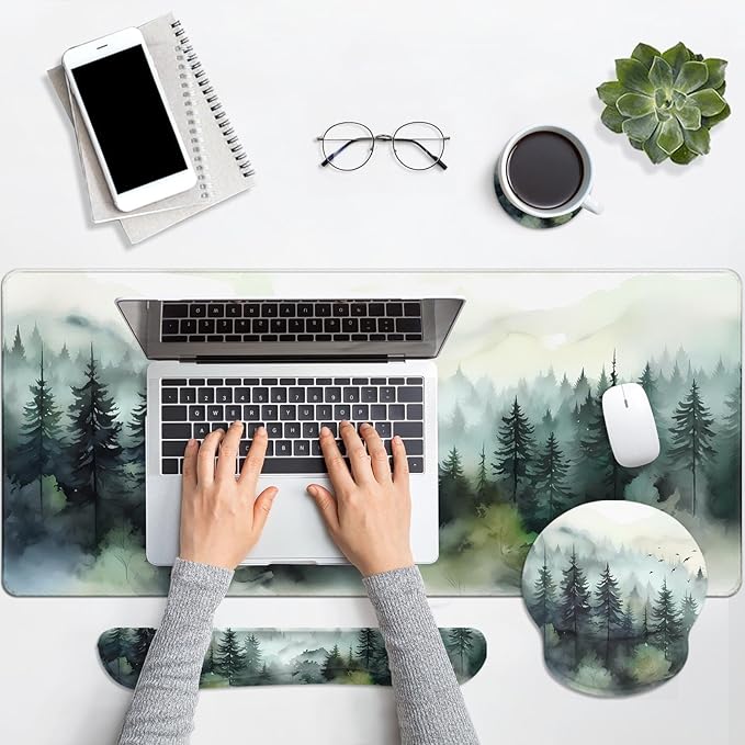 Britimes Green Ink Style Mountain Forest Keyboard Mouse Pad Set 4in1 Large - Image 6