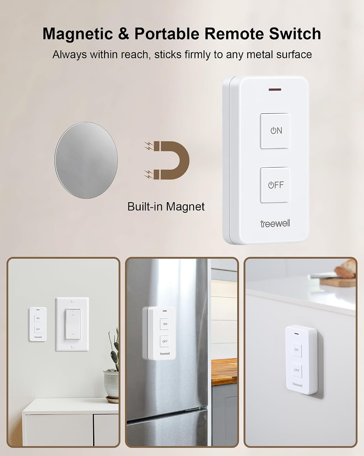 Remote Control Outlet with Portable Magnetic Switch | 200FT Long Range Wireless On Off Switch, Mini Outlet Plug, 15A/1875W, for Lamps/Lights, ETL & FCC listed, Pre-Programmed