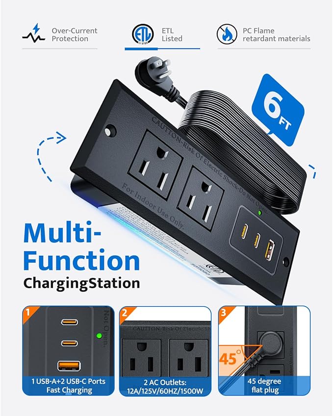 Recessed Power Strip with 20W USB C Port, Fast Charging USB A Port Conference - Image 4