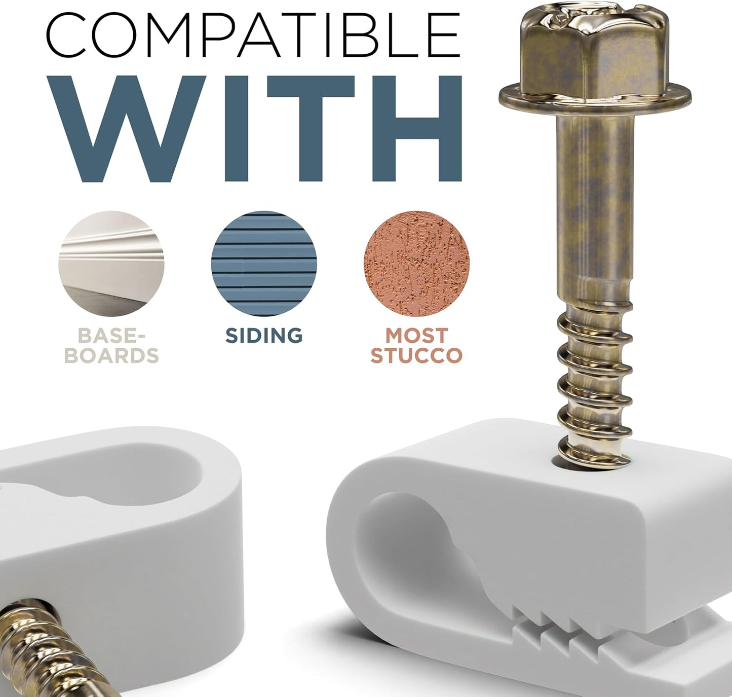 THE CIMPLE CO Single Cable Clips with Screws - 1/4 Inch Coaxial Cable Clamps Outdoor - Exterior Cord Management for Coax, CAT Ethernet, Electrical Wire - Screw Clamps for Wires - 100 PCS, White