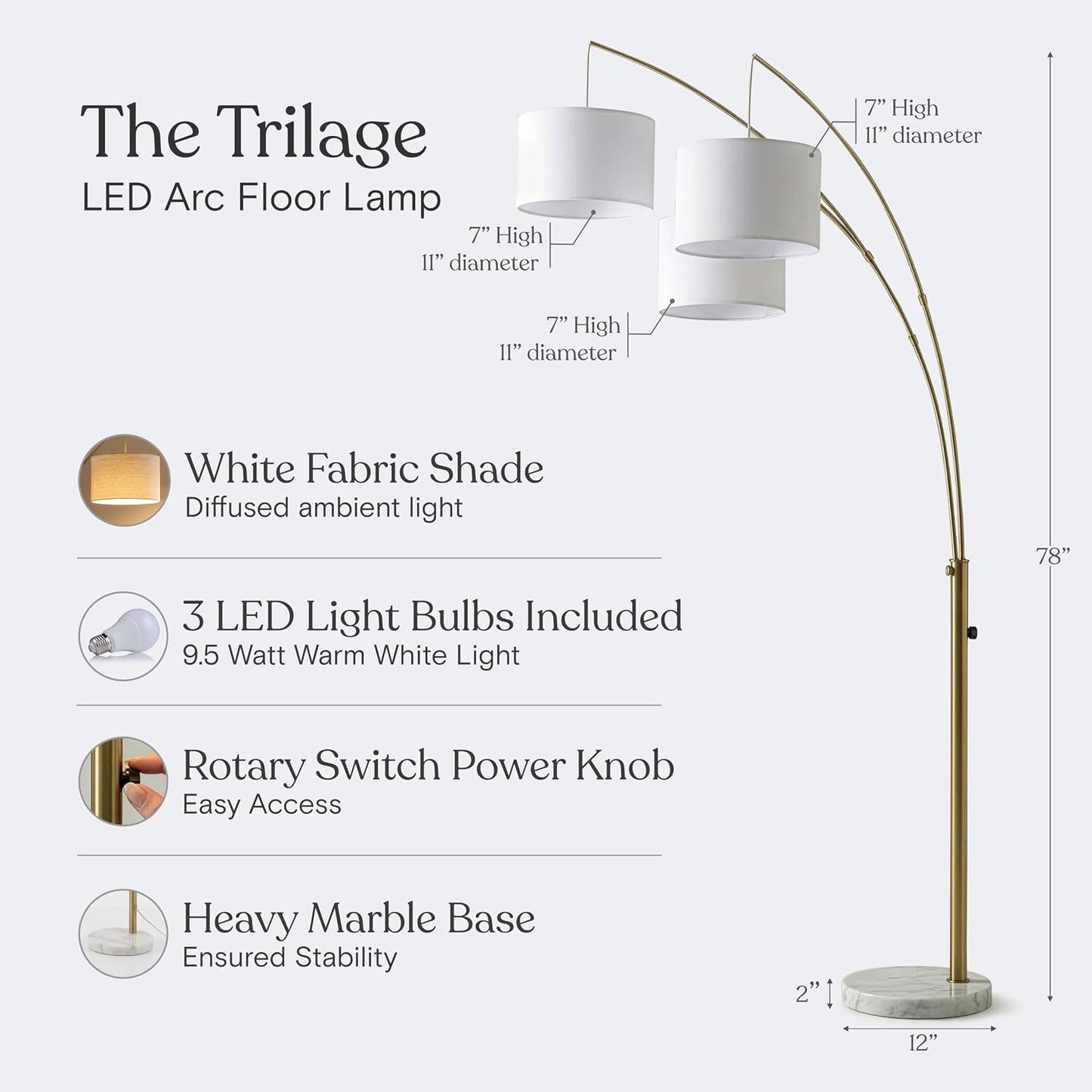 Brightech Trilage Arc Floor Lamp - Large Standing Lamp with 3 Fabric Shades & LED Bulbs for Living Room Over the Sofa, Reading, Multi-Head Traditional Tree Floor Lamp for Bedroom - Brass