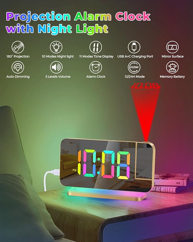 SZELAM Projection Alarm Clock, 7.4" LED Mirror Digital Clocks Large Display - Image 2